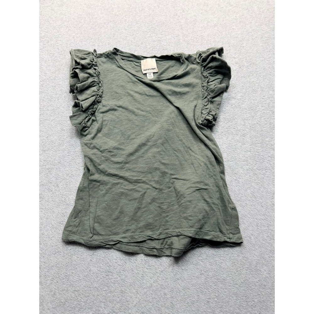 Industry Womens Olive Green Pima Cotton Ruffle Flutter Sleeve Slub Knit Top S